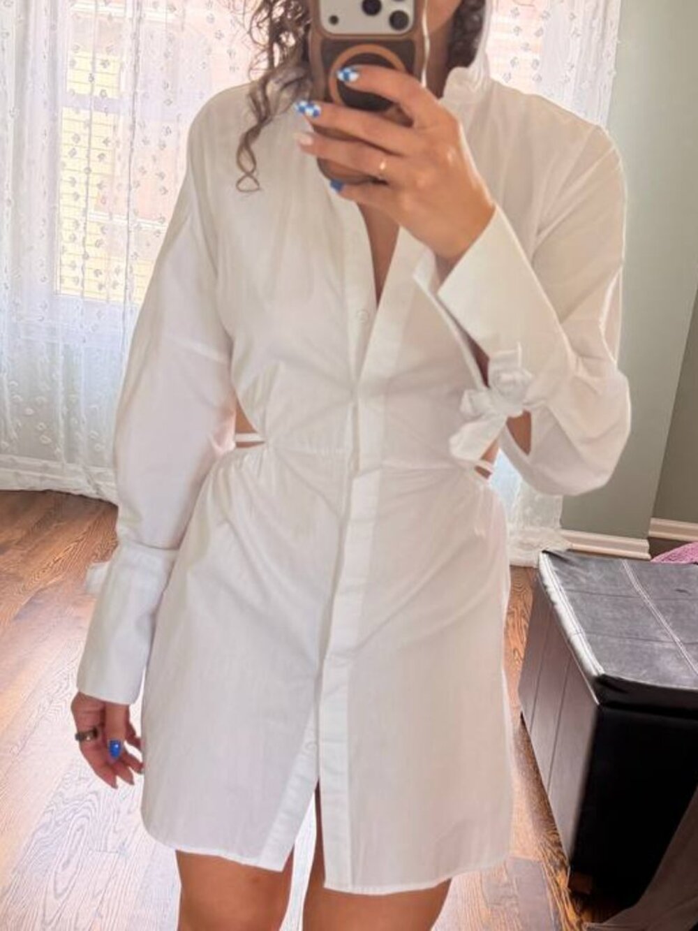 Cloina White Cutout Shirt Dress - Long Sleeve